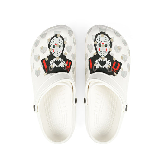 When Jason Meets Ugly Clogs it is Love at First Site EVA Foam, White Easy Slip On Shoes Great for Sliding On In a Hurry