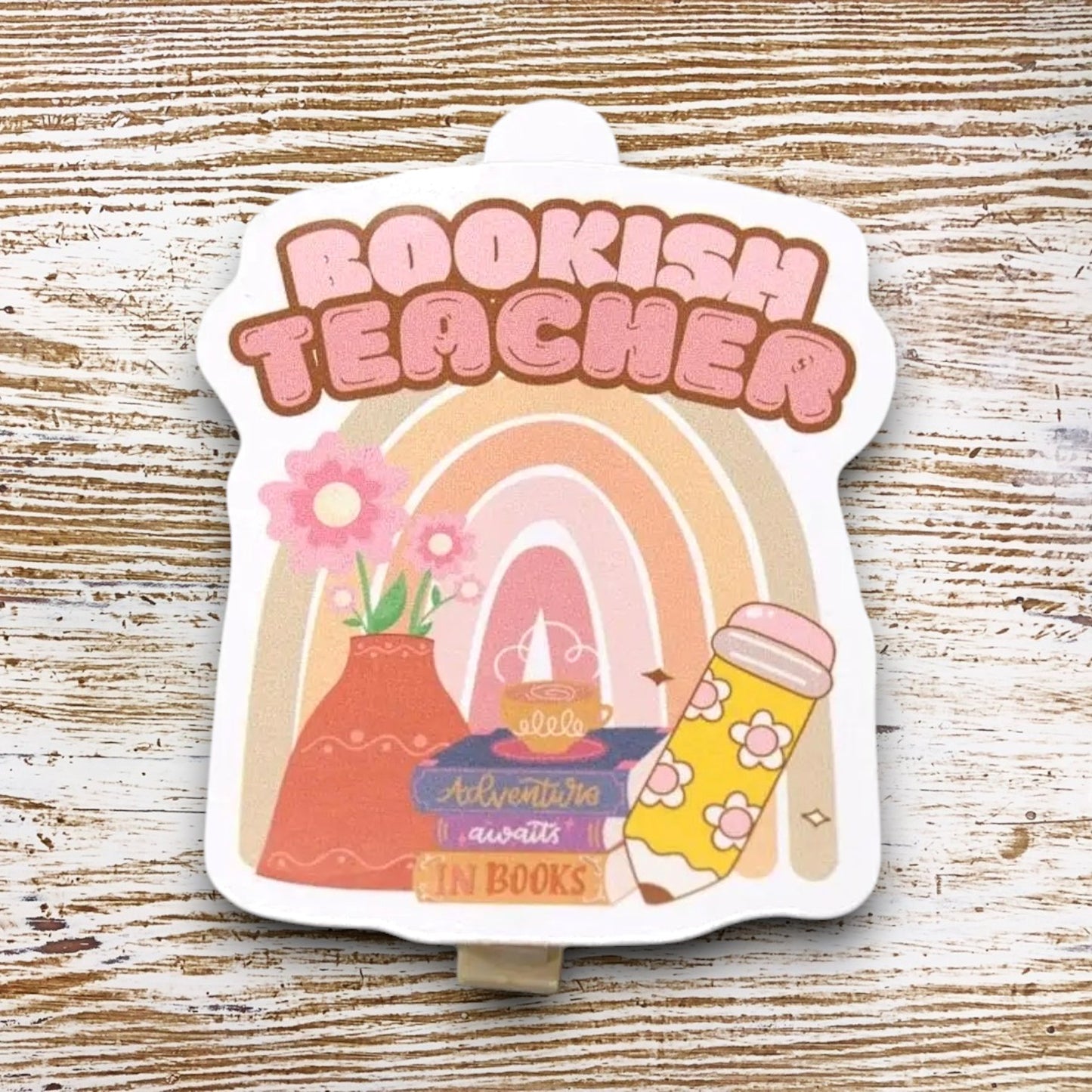 Bookish Teacher Sticker | 2.75” x 3” Boho Bubble Letter  Laptop Decal, Water Bottle, or Planner | Tan & Pink Pastel Colors | Book Lover Gift