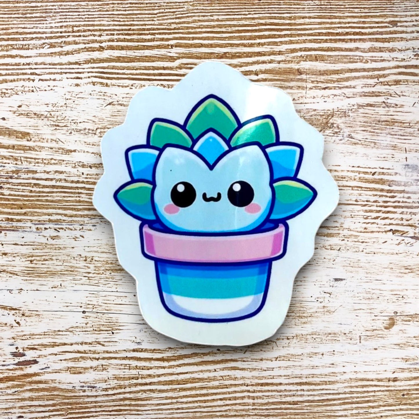 Kawaii Themed 2" Sticker/  Boho Aloe Plant / Happy Blue Plant with Face / Water Bottle Decal Journal Stickers