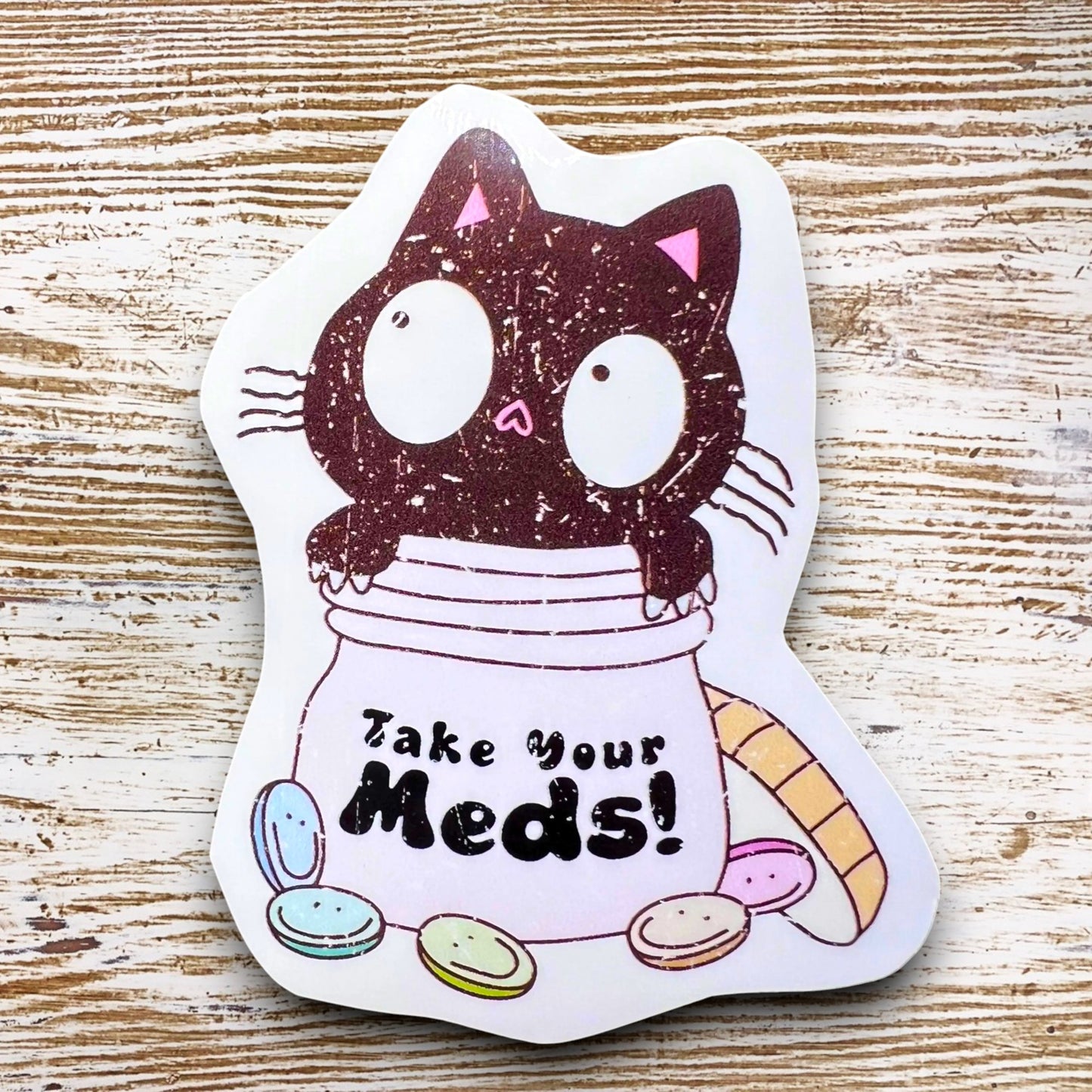 Take Your Meds Sticker - 3” Black Cat Mental Health Awareness Decal - Cute Prescription Bottle Design with Happy Pill Faces