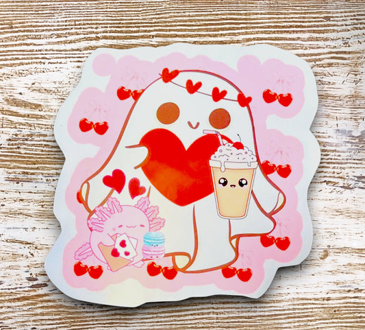 Kawaii Sticker / Ghost w Coffee Decal  / Heart Pattern Sticker / 3"