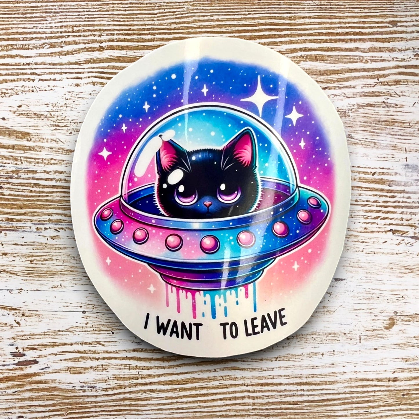 Cat In Space Sticker / Says I Want to Leave / Funny Anti Social Introverts Sticker / Water Bottle Decal