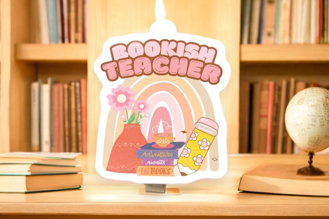 Bookish Teacher Sticker | 2.75” x 3” Boho Bubble Letter  Laptop Decal, Water Bottle, or Planner | Tan & Pink Pastel Colors | Book Lover Gift