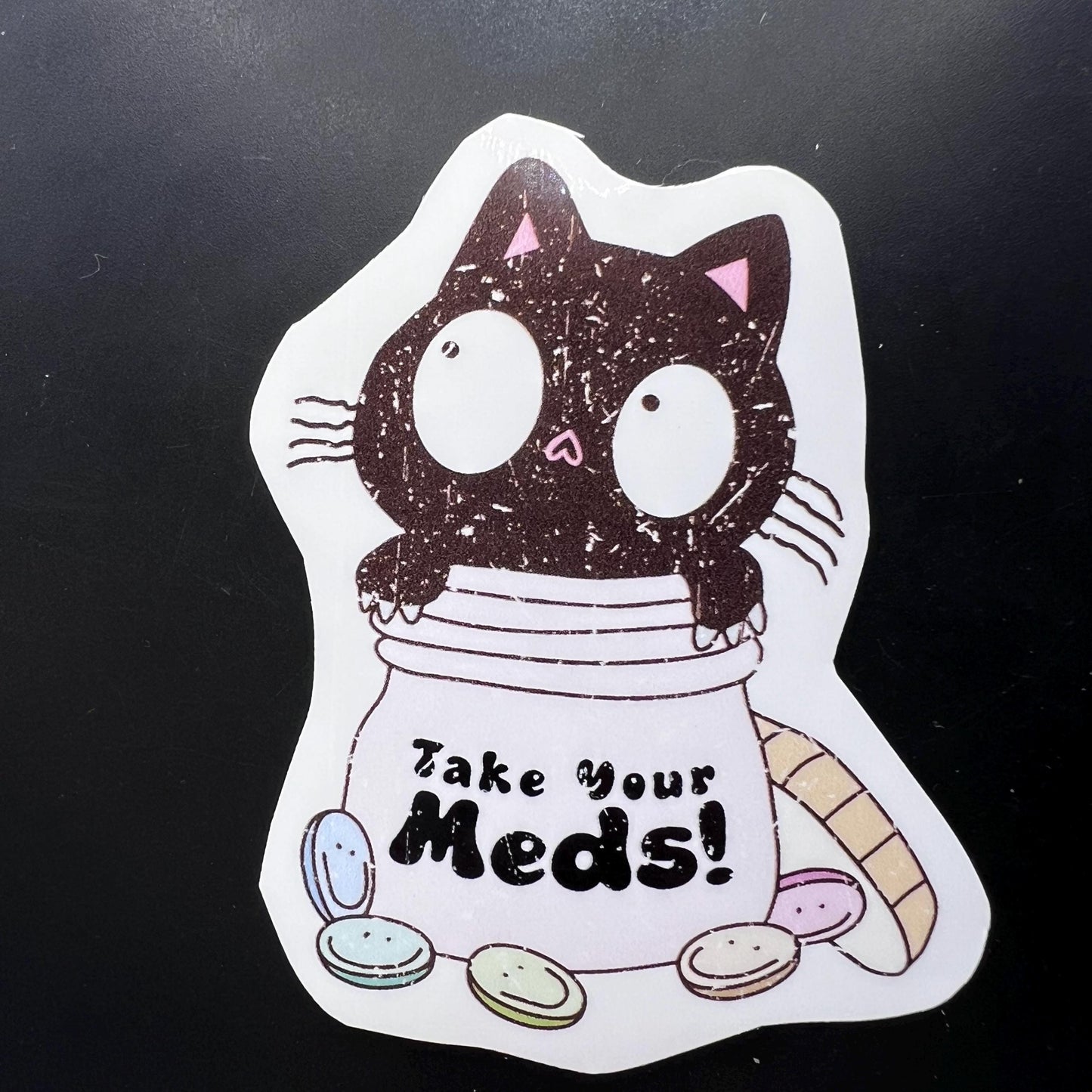 Take Your Meds Sticker - 3” Black Cat Mental Health Awareness Decal - Cute Prescription Bottle Design with Happy Pill Faces