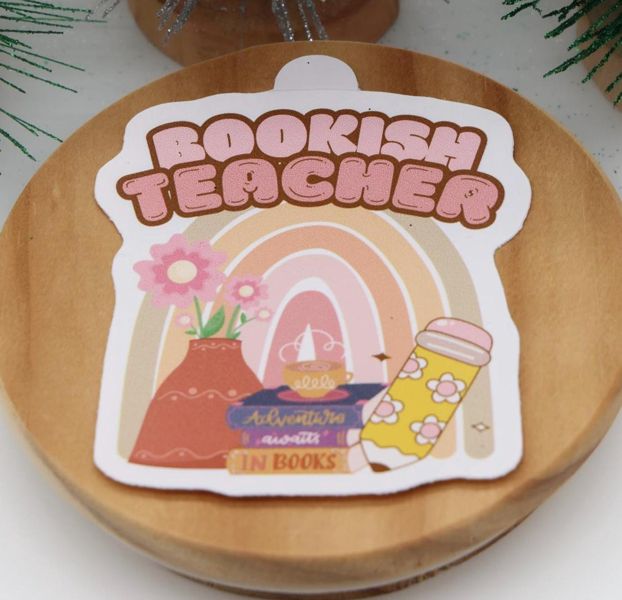 Bookish Teacher Sticker | 2.75” x 3” Boho Bubble Letter  Laptop Decal, Water Bottle, or Planner | Tan & Pink Pastel Colors | Book Lover Gift