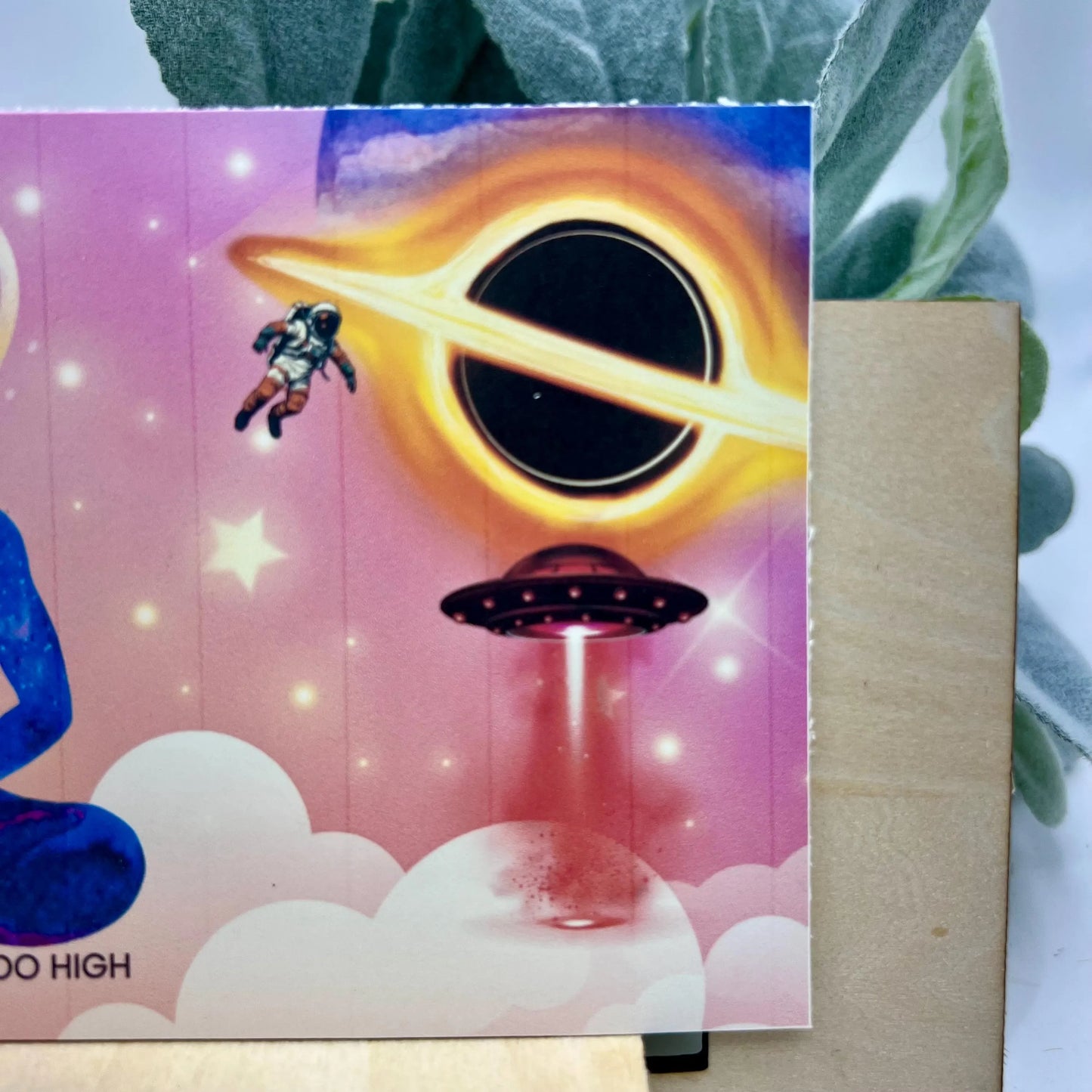 I Think I Am A Little Too High / Buddha Holding 2 Dogs  Space Scene Postcard or Mini Art / Comical Cannabis Happy Mail / Vibrant Colors