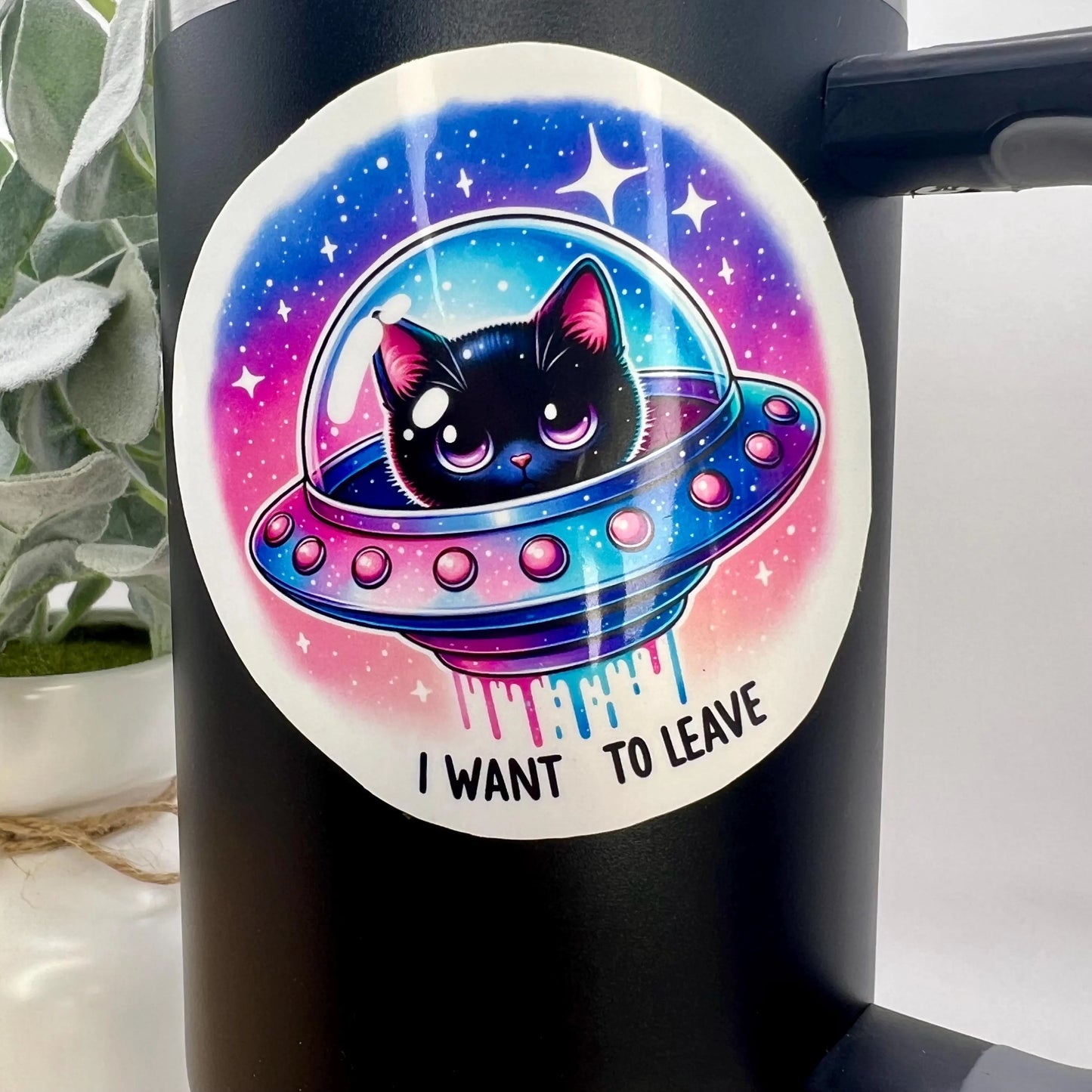 Cat In Space Sticker / Says I Want to Leave / Funny Anti Social Introverts Sticker / Water Bottle Decal