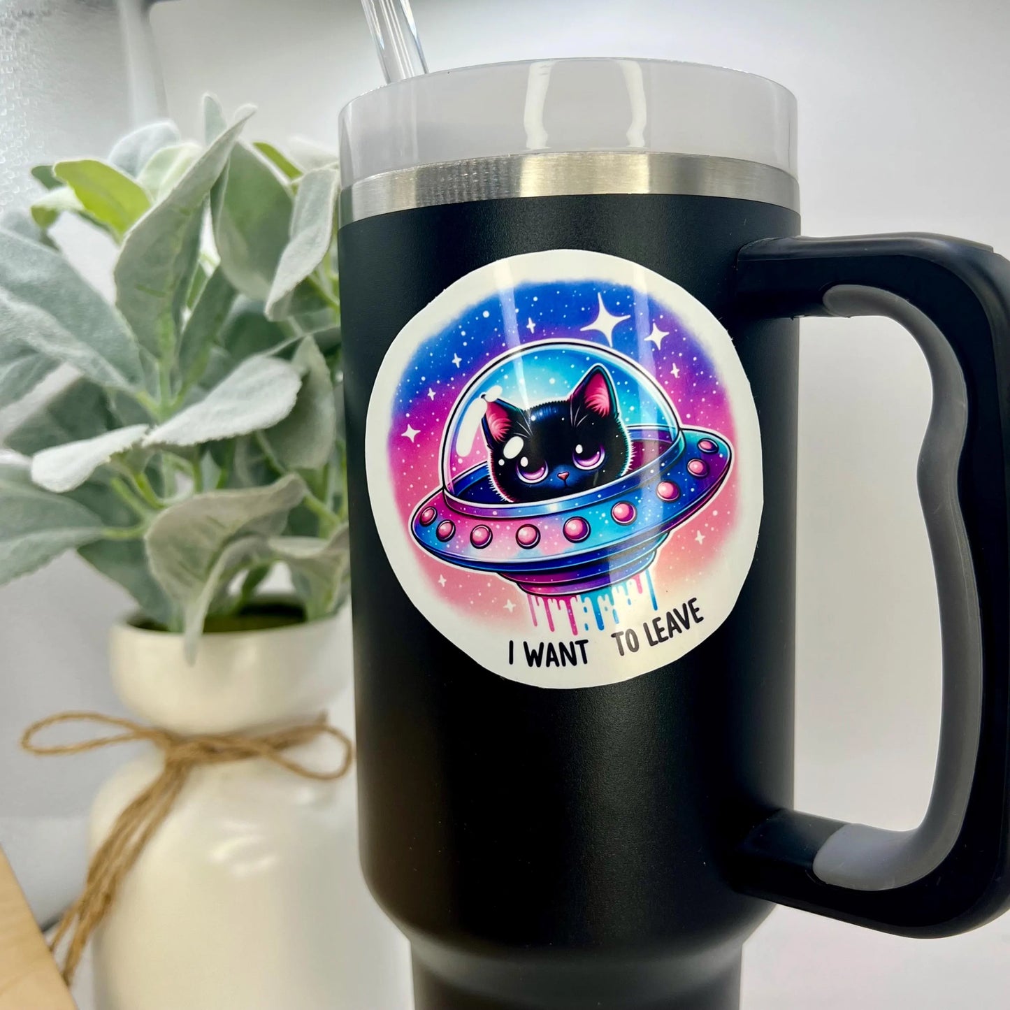 Cat In Space Sticker / Says I Want to Leave / Funny Anti Social Introverts Sticker / Water Bottle Decal