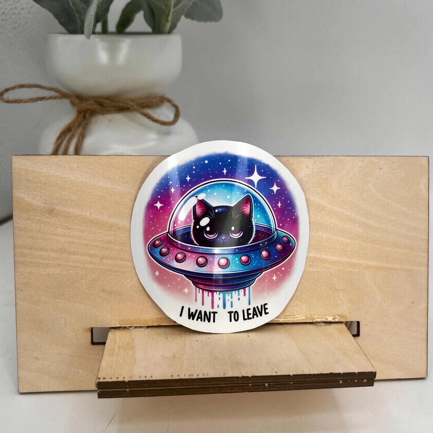 Cat In Space Sticker / Says I Want to Leave / Funny Anti Social Introverts Sticker / Water Bottle Decal