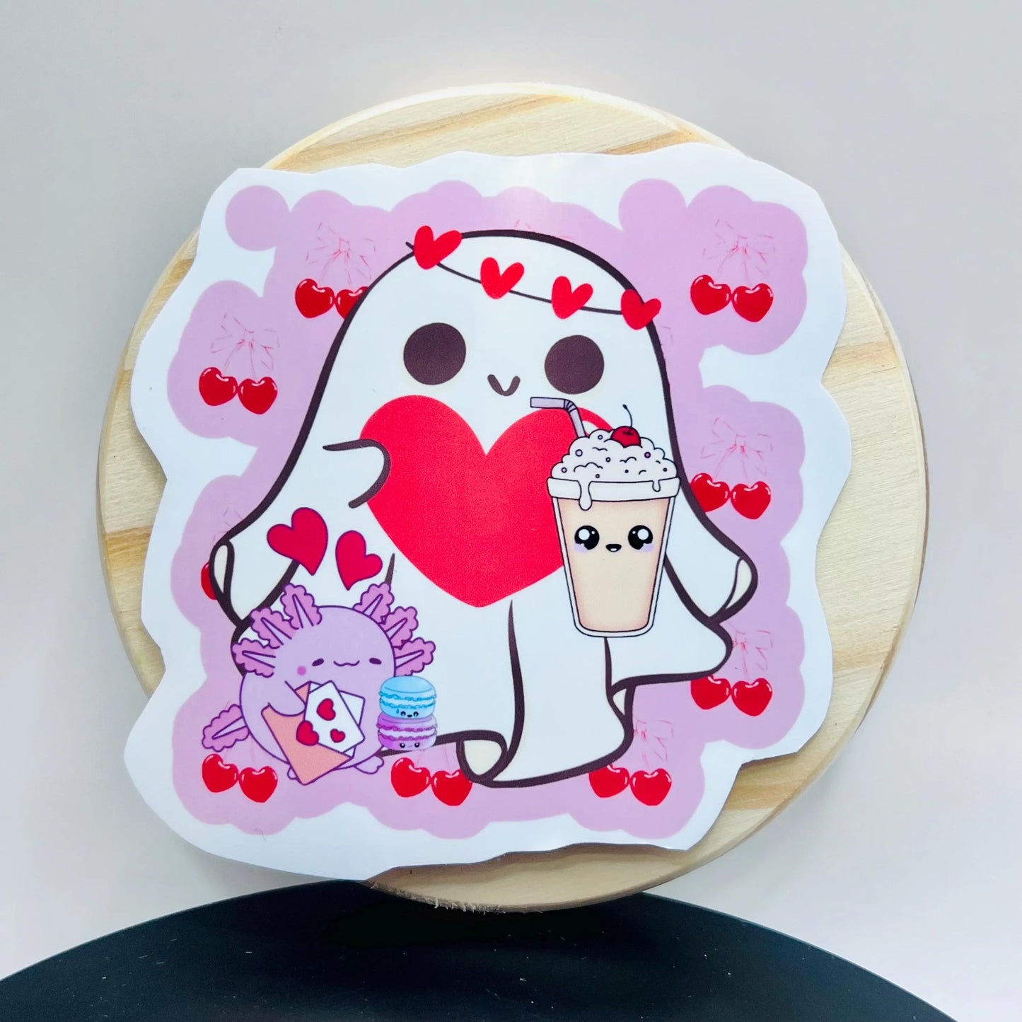 Kawaii Sticker / Ghost w Coffee Decal  / Heart Pattern Sticker / 3"