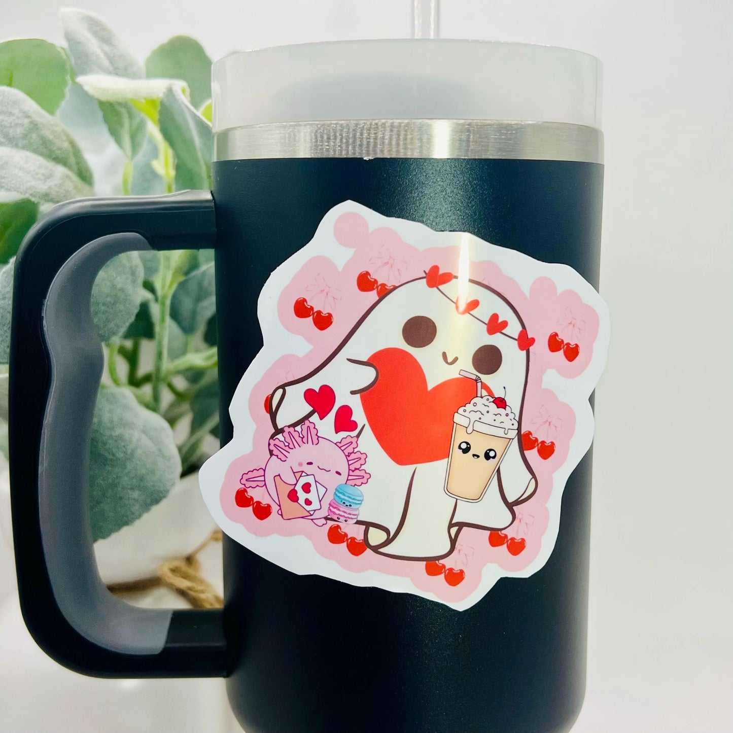 Kawaii Sticker / Ghost w Coffee Decal  / Heart Pattern Sticker / 3"