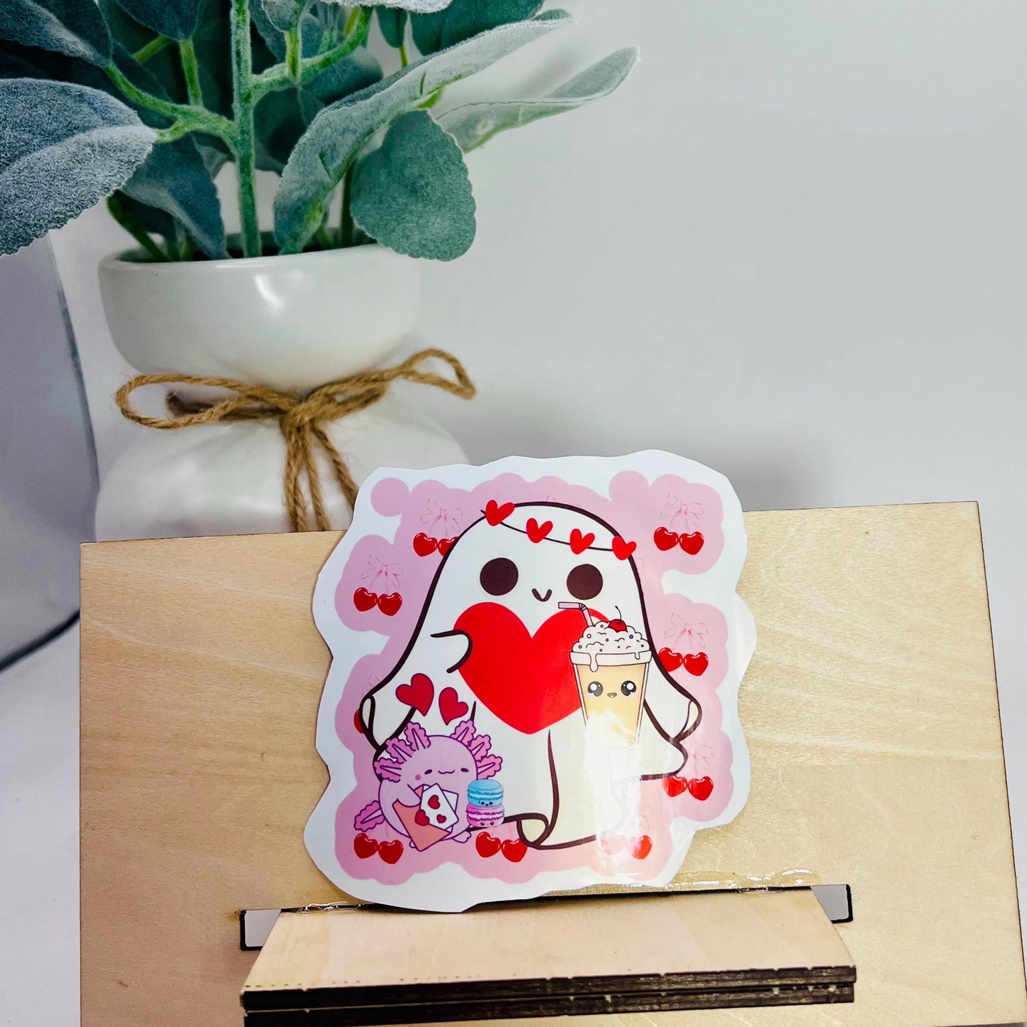 Kawaii Sticker / Ghost w Coffee Decal  / Heart Pattern Sticker / 3"