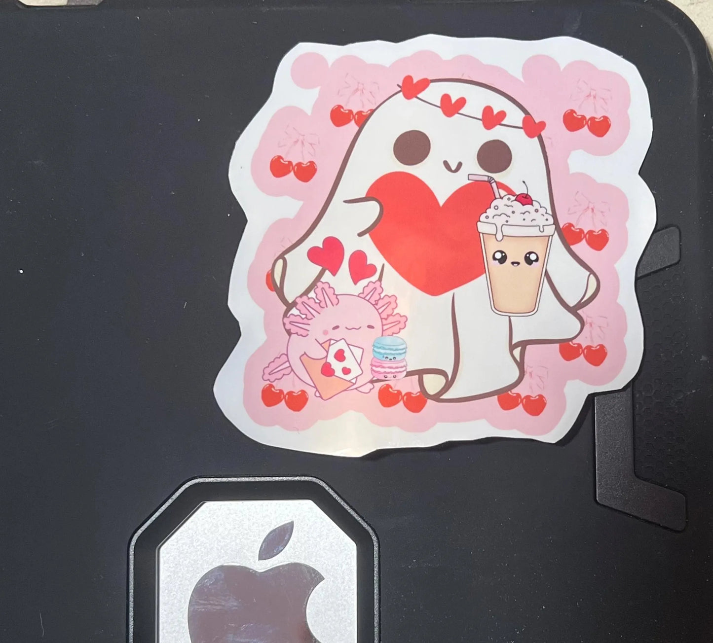 Kawaii Sticker / Ghost w Coffee Decal  / Heart Pattern Sticker / 3"