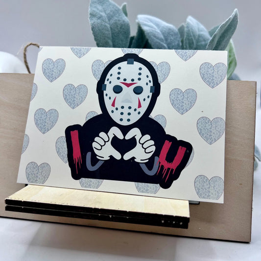 Horror Valentine Postcard / Jason / Heart Hands I Heart You / 4”x5.5” Art Print Anniversary Card for Horror Fans