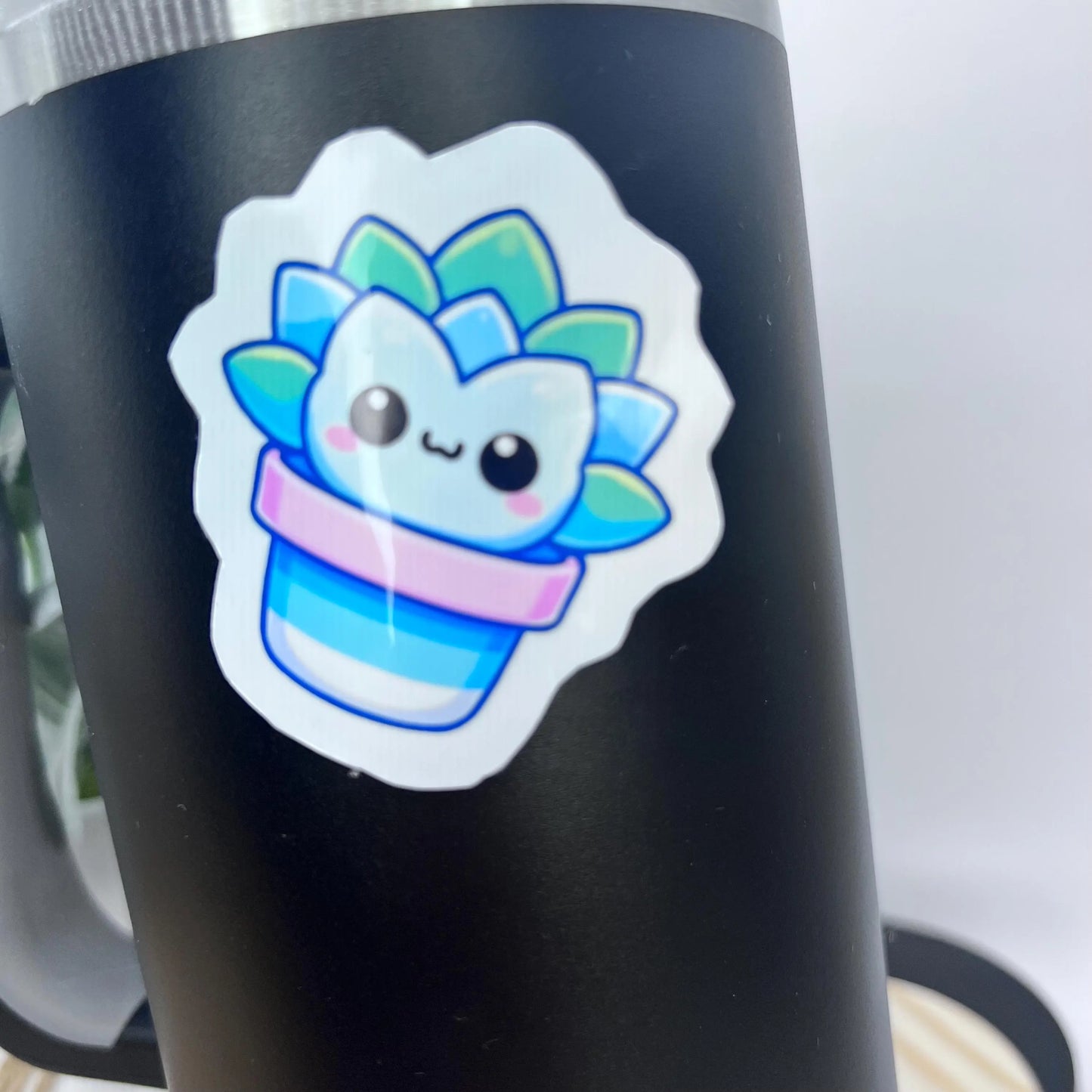 Kawaii Themed 2" Sticker/  Boho Aloe Plant / Happy Blue Plant with Face / Water Bottle Decal Journal Stickers