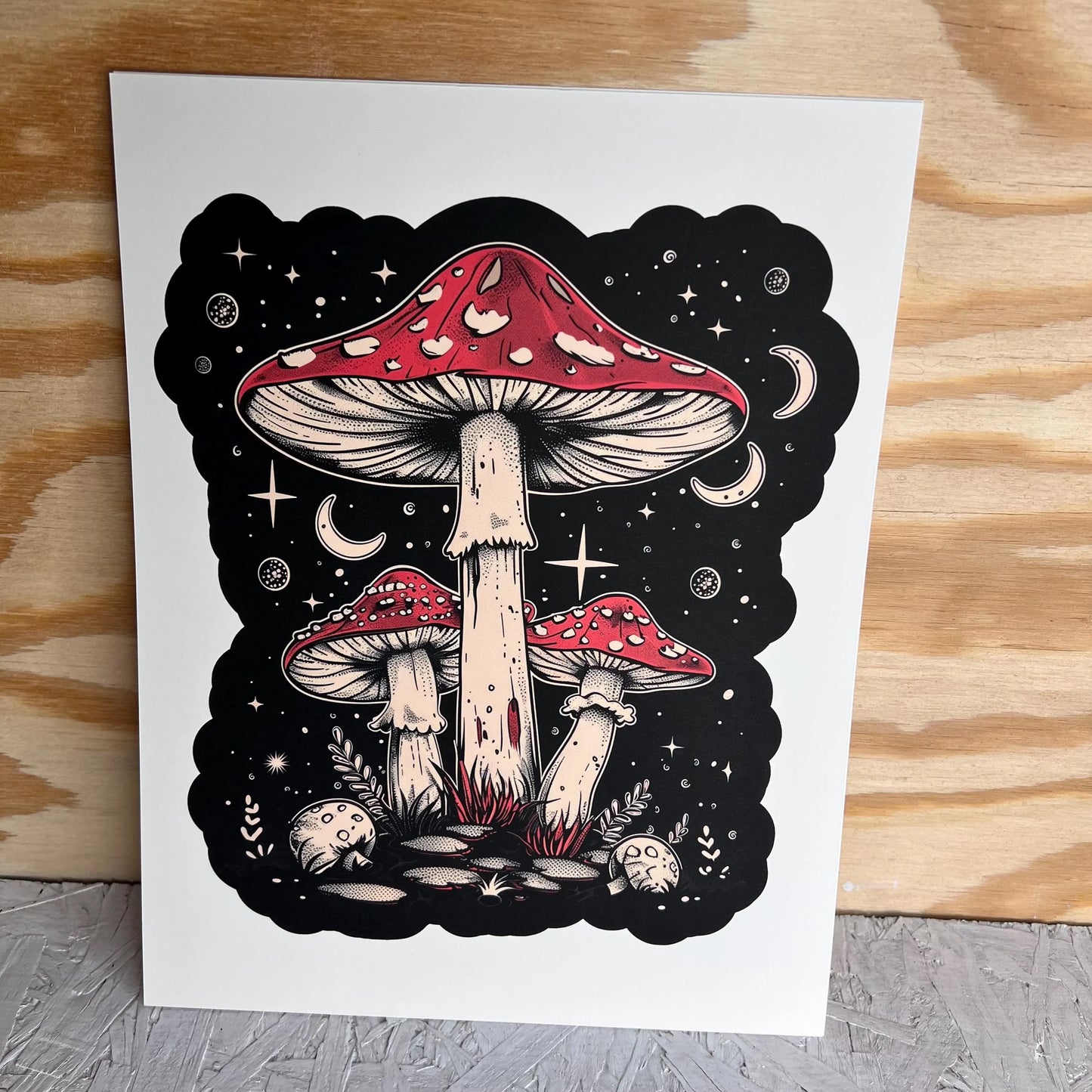 Boho Red Mushroom Art Print / 8X10 Print /Black Background \Small Spaces Wall Art Dorm Rooms, Office Cubicles, Lockers, Bedroom