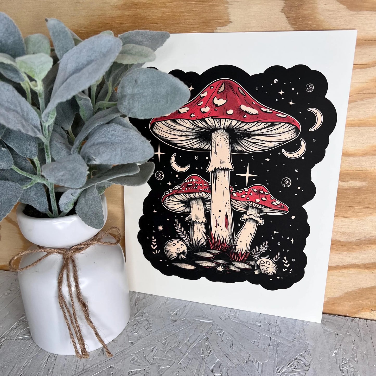 Boho Red Mushroom Art Print / 8X10 Print /Black Background \Small Spaces Wall Art Dorm Rooms, Office Cubicles, Lockers, Bedroom