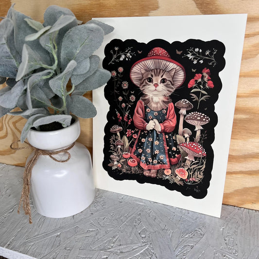 Art Print / Cottagecore Cat with Mushrooms Graphic / Fairycore /Unframed Wall Art / 8X10